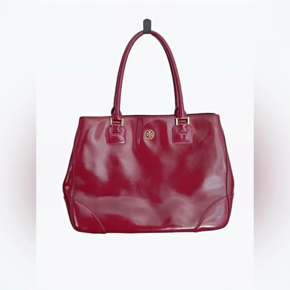Tory Burch Burgundy Patent Leather Tote Structured Work Bag